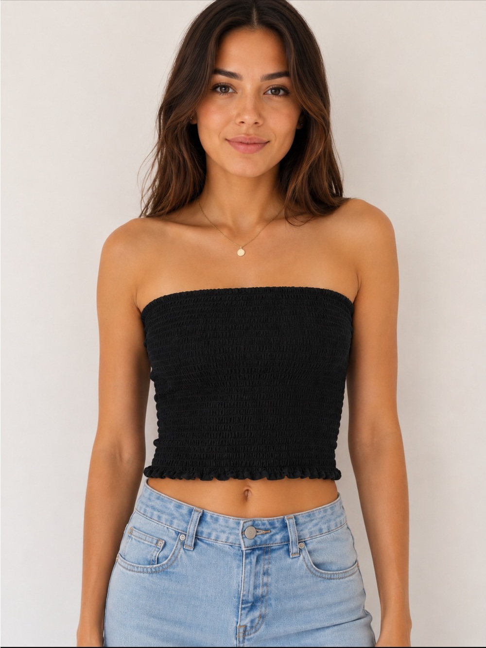 Express One NWT Black Smocked Bandeau Tube Top Cropped Cotton Size M